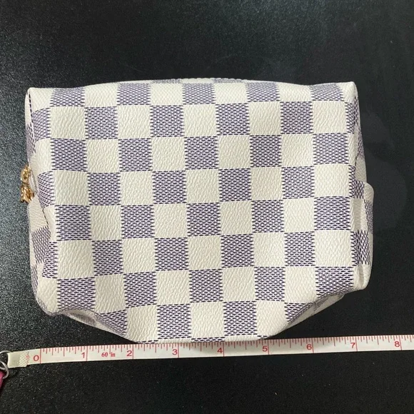 Checkered Cream and Blue Gold Hardware Double Zipper Cosmetic Makeup Pouch Bag - Picture 4 of 6